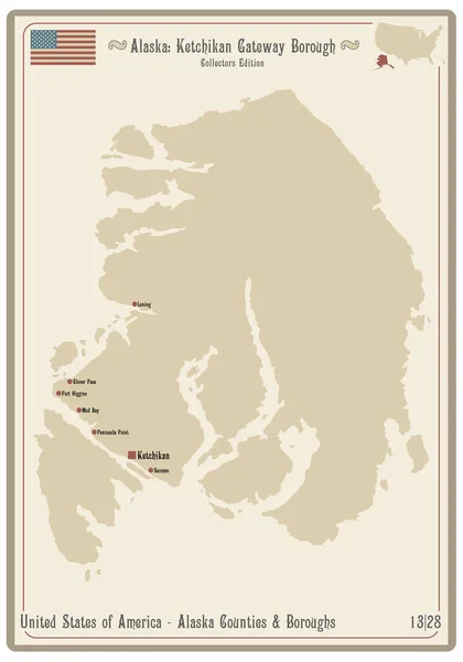 アラスカ州ケチカン ゲートウェイ バラの古いトランプカードの地図 — ストックベクタ