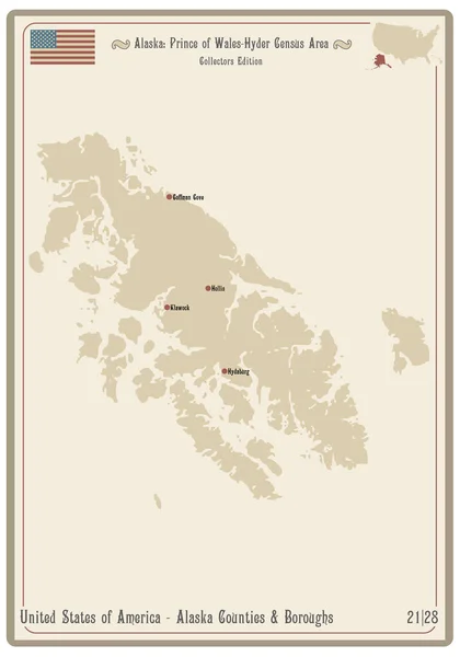 アラスカ州のプリンス ウェールズ ハイダー国勢調査地域の古いトランプカードの地図 — ストックベクタ
