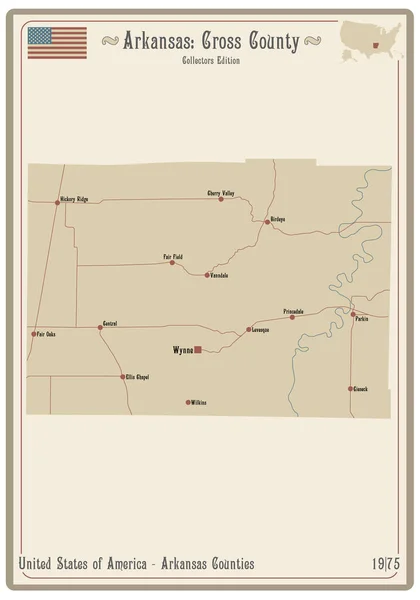 Map Old Playing Card Cross County Arkansas Usa — Stock Vector