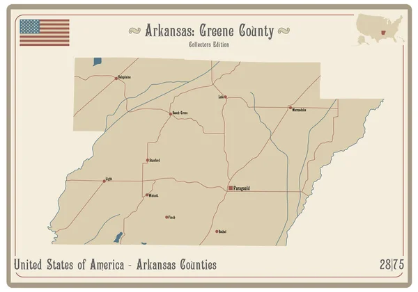 Mapa Starej Karcie Gry Hrabstwa Greene Arkansas Usa — Wektor stockowy