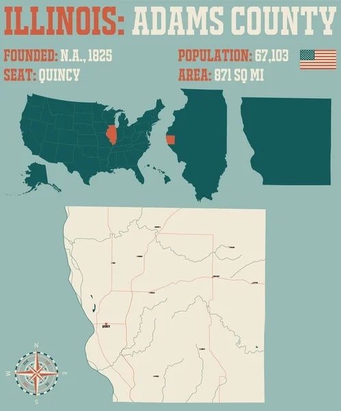 Mappa Ampia Dettagliata Della Contea Adams Illinois Stati Uniti — Vettoriale Stock