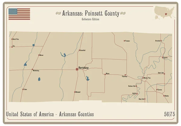 Arkansas Abd Deki Poinsett Ilçesinin Eski Bir Oyun Kartının Haritası — Stok Vektör