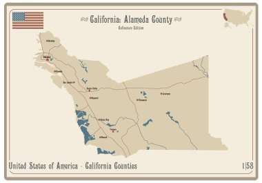 Map on an old playing card of Alameda county in California, USA. clipart