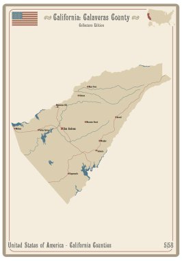 Kaliforniya, ABD 'deki Calaveras ilçesinin eski bir oyun kartının haritası..