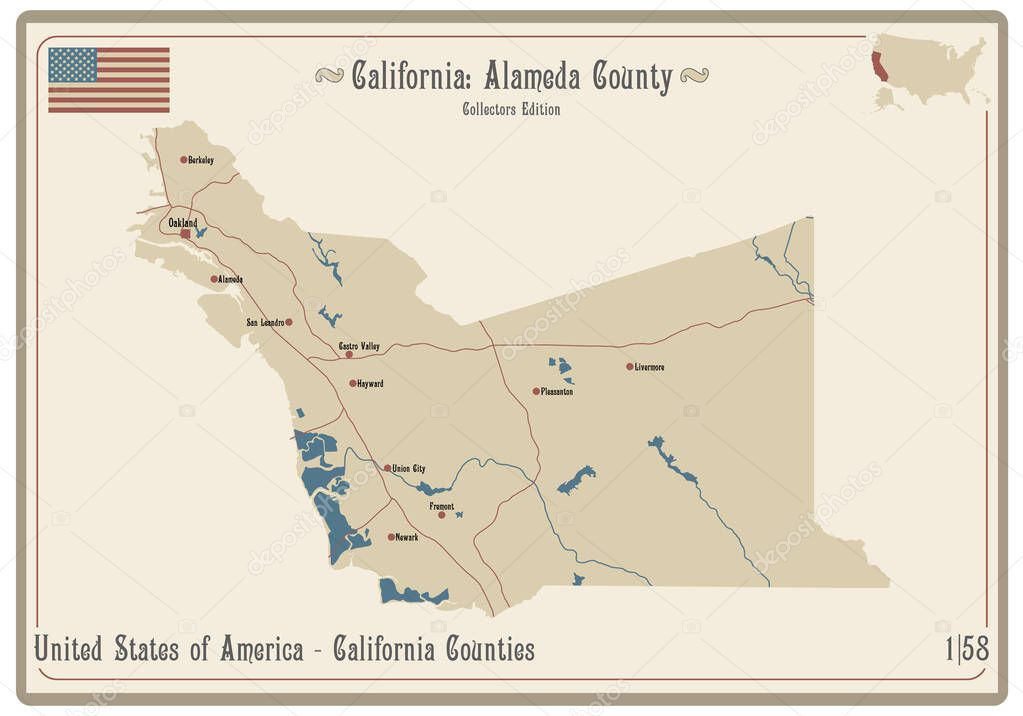 Map on an old playing card of Alameda county in California, USA.