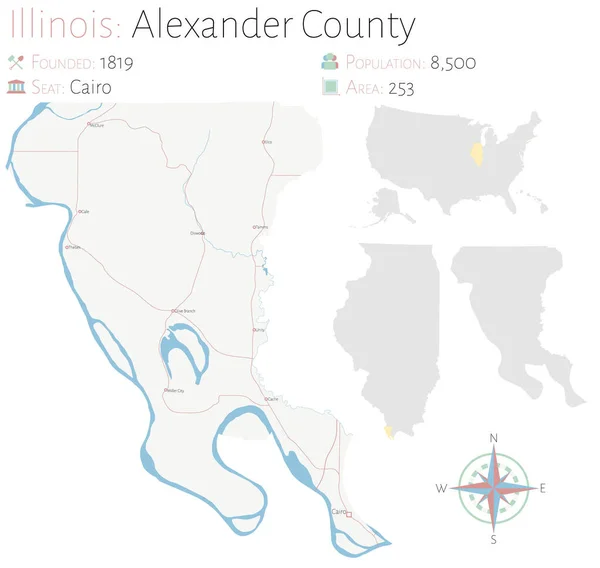 美国伊利诺伊州亚历山大县的大而详细的地图 — 图库矢量图片