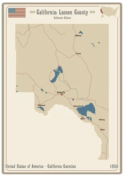 Kaart Van Een Oude Speelkaart Van Lassen County California Usa — Stockvector