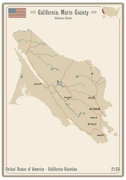 Mapa Staré Hrací Kartě Okresu Marin Kalifornii Usa — Stockový vektor