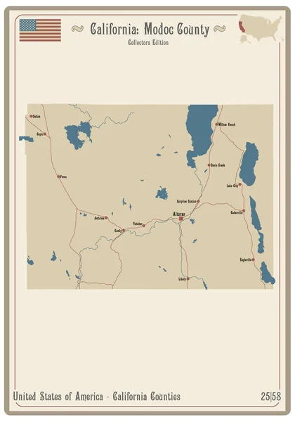 Mapa Viejo Naipe Del Condado Modoc California Estados Unidos — Archivo Imágenes Vectoriales