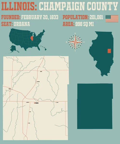 Mappa Ampia Dettagliata Della Contea Champaign Illinois Stati Uniti — Vettoriale Stock