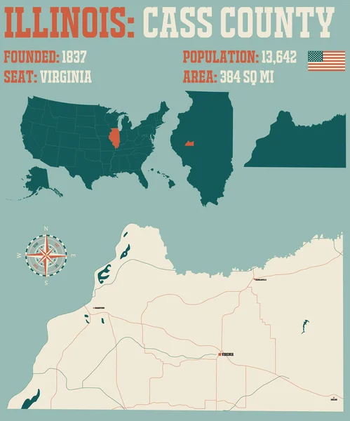 Mapa Grande Detallado Del Condado Cass Illinois Estados Unidos — Archivo Imágenes Vectoriales