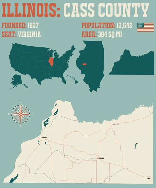 米国イリノイ州のカス郡の大規模かつ詳細な地図 — ストックベクタ