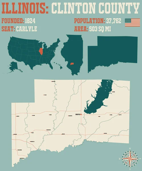 米国イリノイ州のクリントン郡の大規模かつ詳細な地図 — ストックベクタ