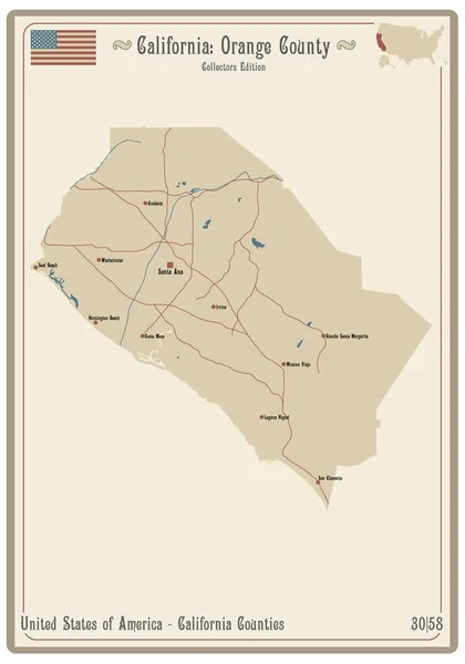 カリフォルニア州 アメリカのオレンジ郡の古いトランプの地図 — ストックベクタ