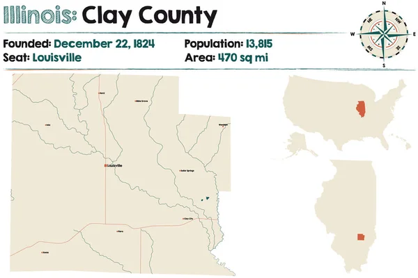 Illinois Abd Deki Clay Ilçesinin Geniş Detaylı Haritası — Stok Vektör