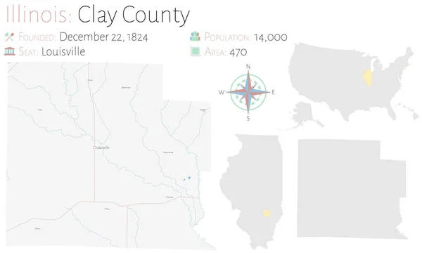 美国伊利诺伊州Clay县的大而详细的地图 — 图库矢量图片