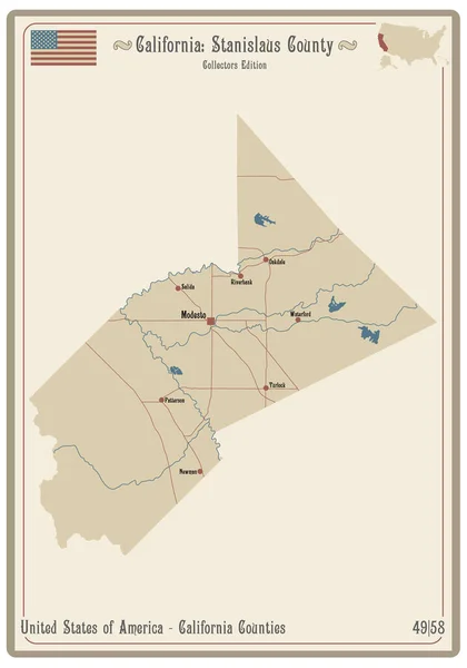 Carte Sur Une Vieille Carte Jouer Comté Stanislaus Californie États — Image vectorielle