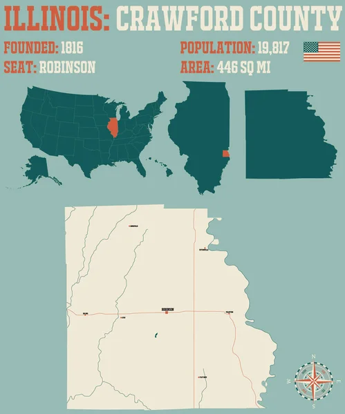 Grote Gedetailleerde Kaart Van Crawford County Illinois Verenigde Staten — Stockvector