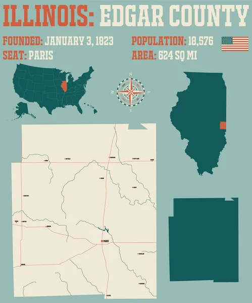 Mappa Ampia Dettagliata Della Contea Edgar Illinois Stati Uniti — Vettoriale Stock