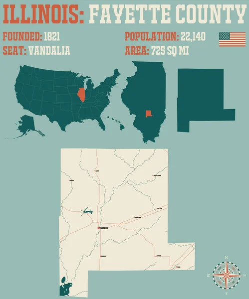 米国イリノイ州のファイエット郡の大規模かつ詳細な地図 — ストックベクタ