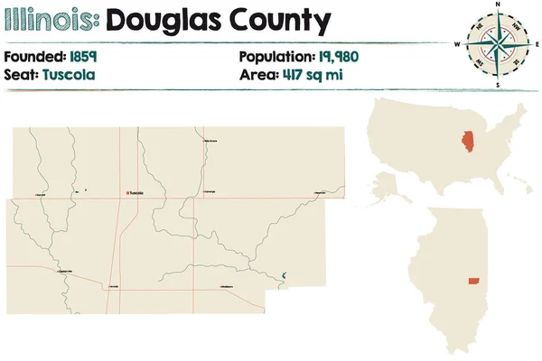 Illinois Abd Deki Douglas Ilçesinin Geniş Detaylı Haritası — Stok Vektör