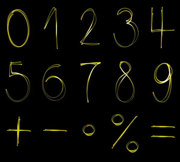 Fluorescerande siffror och matematiska symboler i gul neon färg — Stockfoto