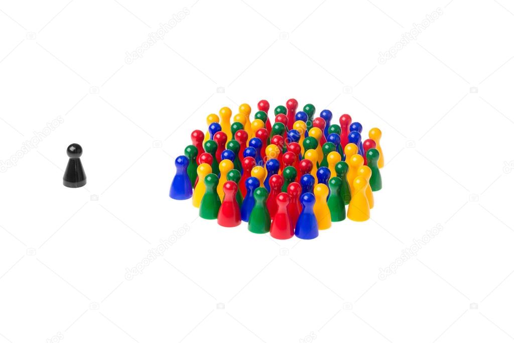 Several game pawns in different colors on a white background.