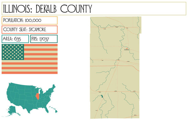 Large and detailed map of DeKalb County in Illinois USA.