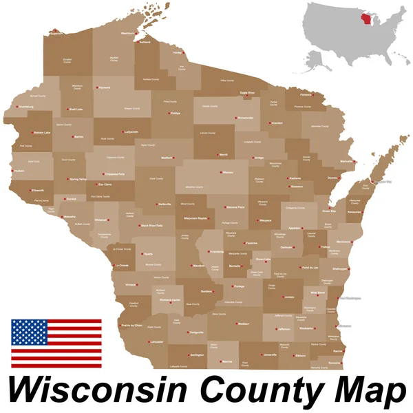 Wisconsin ilçe harita — Stok Vektör