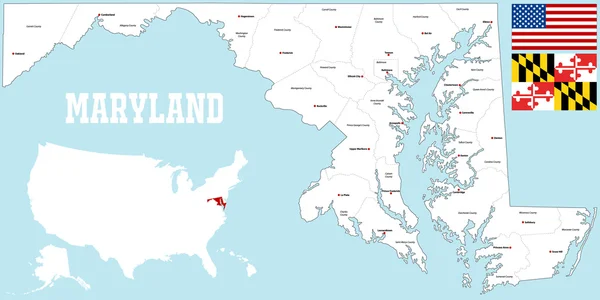 Mappa della contea del Maryland — Vettoriale Stock