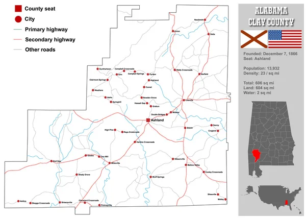 Clay County karta i Alabama — Stock vektor