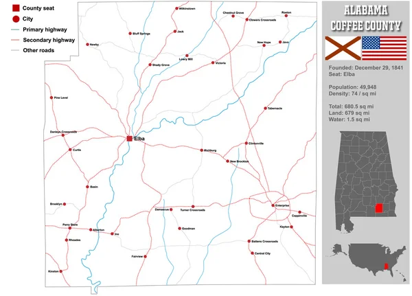 Mapa do condado de Alabama Coffee —  Vetores de Stock