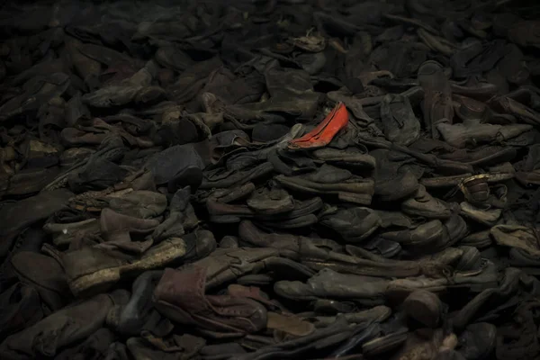 Sapato Vermelho Campo Concentração Auschwitz Fotografia De Stock