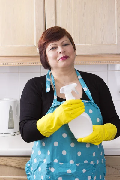 Retrato de una trabajadora doméstica que limpia la cocina Imágenes de stock libres de derechos