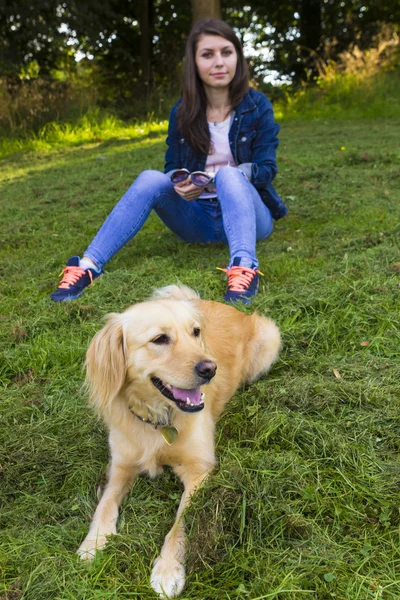 Chica jugando con el perro en el día de verano — Foto de Stock