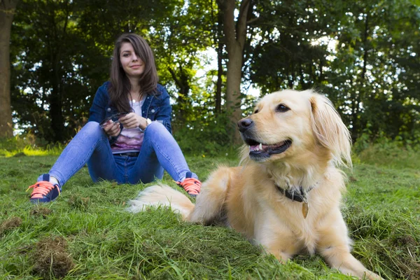 Girl playing with dog in summer day — Stock Photo, Image