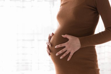 Evdeki pencerenin yanında duran güzel hamile kadın..