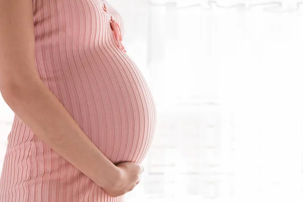 Hübsche Junge Schwangere Frau Steht Haus Fenster — Stockfoto