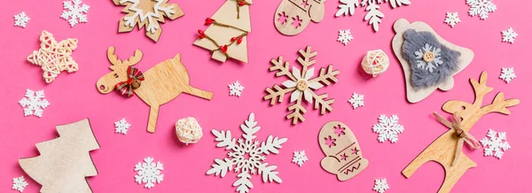 Top View Banner Holiday Decorations Toys Pink Background Christmas Ornament — Stock Photo, Image