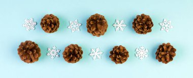 Beyaz kar tanelerinden ve renkli arkaplandaki çam kozalaklarından oluşan yeni yıl süsü. Tasarımınız için boş alanı olan bayram bayramı konsepti.