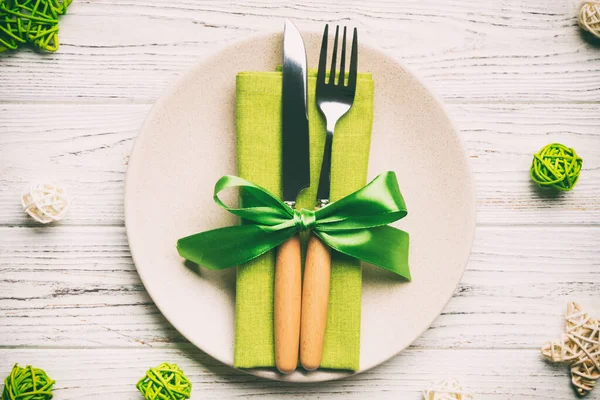 Holiday Composition Christmas Dinner Wooden Background Top View Plate Utensil — Stock Photo, Image