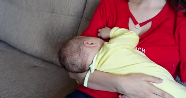 Mãe amamentando bebê em casa. conceito de maternidade e maternidade. Mãe alegre gosta de amamentar — Vídeo de Stock