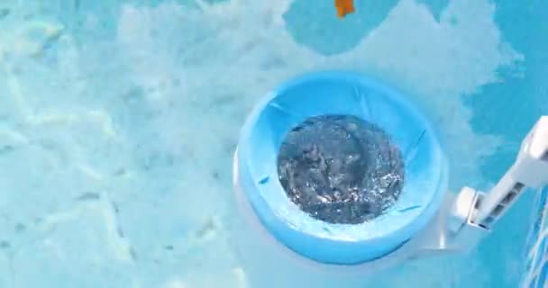 Escumadeira para a piscina de molduras. Conceito de limpeza de piscinas contaminadas — Vídeo de Stock