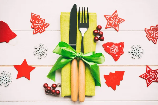 Top View New Year Dinner Wooden Background Festive Cutlery Napkin — Stock Photo, Image