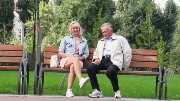 Bělošský starší pár v neformálním oblečení sedí na lavičce a mluví s woomanem v parku — Stock video