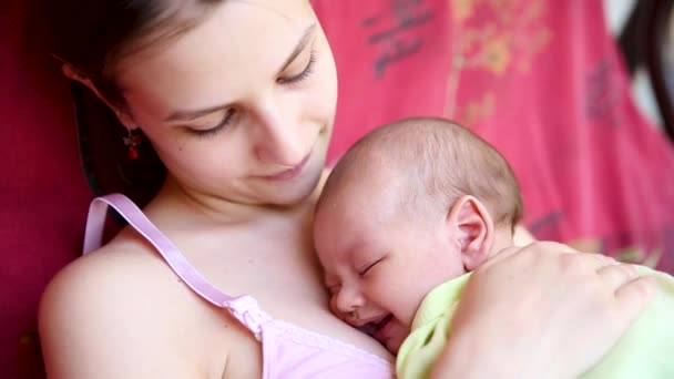 Little baby boy sleeping on moms chest outdoor. mother hugging sleeping baby in her arms and kissing the kid gently — Stock Video