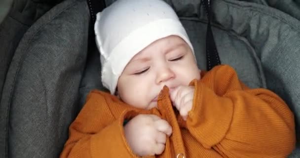 Un lindo niño está sentado en un cochecito afuera en un parque en un cálido día soleado. Retrato de un niño en un cochecito — Vídeos de Stock