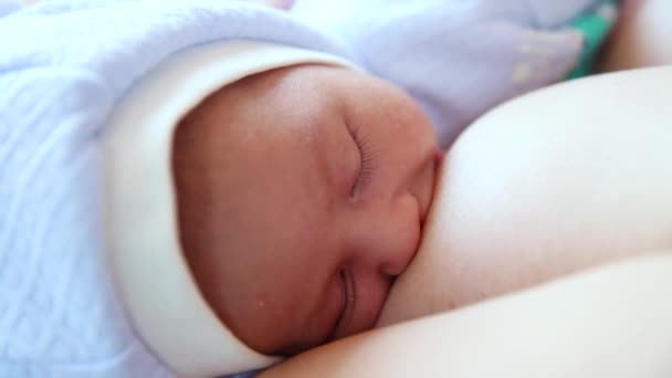 Little baby boy sleeping on moms chest outdoor. mother hugging sleeping baby in her arms and kissing the kid gently — Stock Video