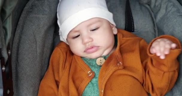 Un bambino carino è seduto in un passeggino fuori in un parco in un giorno caldo e soleggiato. Ritratto di un bambino nel passeggino — Video Stock