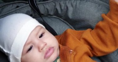 Güneşli bir günde, dışarıda bir parkta bebek arabasında oturan sevimli bir çocuk. Bebek arabasındaki Bir Çocuğun Portresi